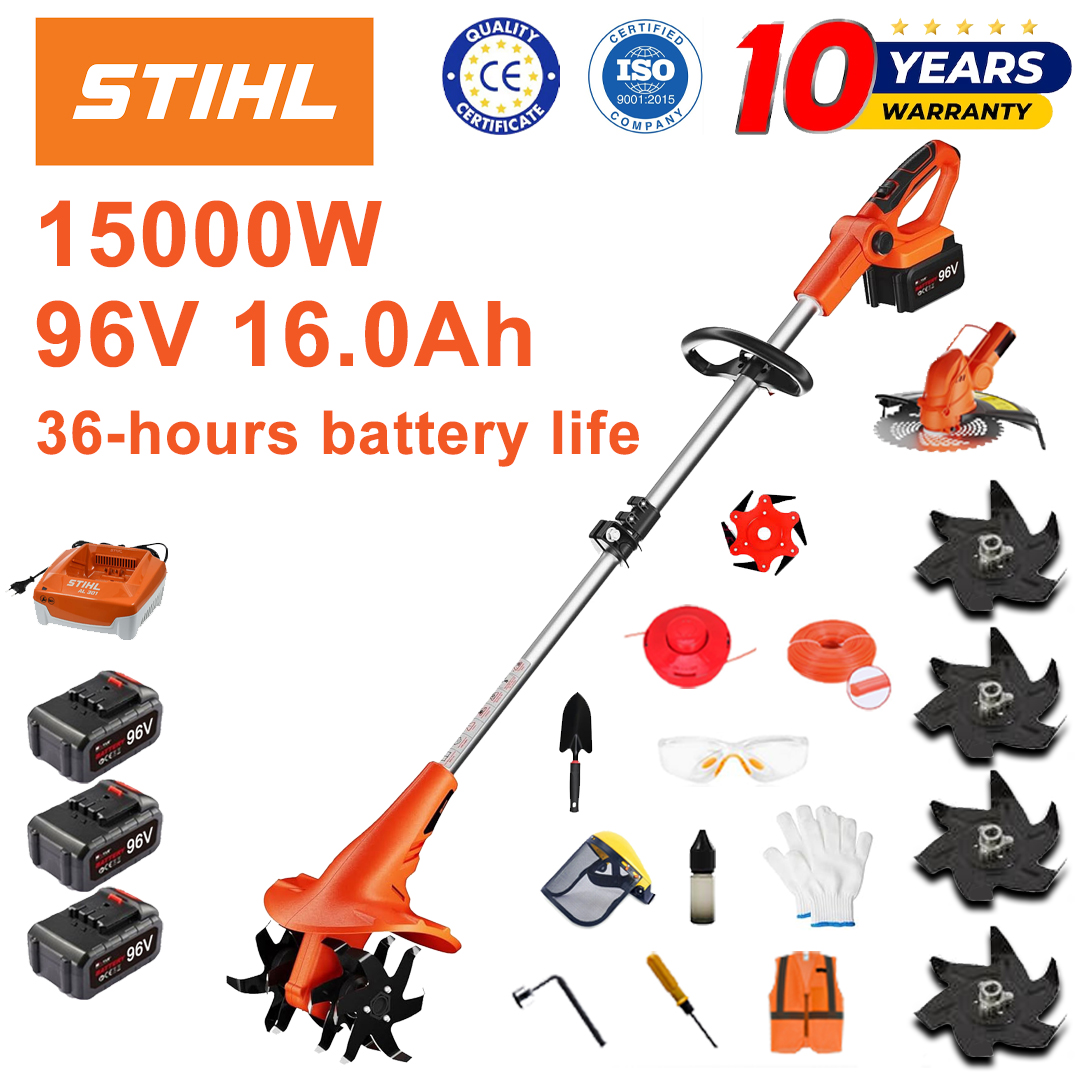 (Življenjska doba baterije: 36 ur) Plug 15000 W + litijeva baterija 96 V 16,0 Ah *3 + rezalna glava *1 + hitri polnilnik *1 + lopata *1 + ravno rezilo *2 + plugovo rezilo *4 + aluminijasto žagino rezilo *1 + rezalno rezilo *1 + rezalna vrv *1 + različni dodatki Dodatki