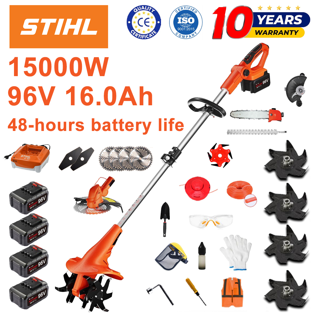 (Življenjska doba baterije 48 ur) Plug 15.000 W + litijeva baterija 96 V 16,0 Ah *4 + glava kosilnice *1 + žaga *1 + glava obrezovalnika žive meje *1 + hitri polnilnik *1 + lopata *1 + ravno rezilo *2 + rezila pluga *4 + aluminijasto žagino rezilo *1 + rezilo za rezanje *1 + rezalna vrv *1 + različni dodatki